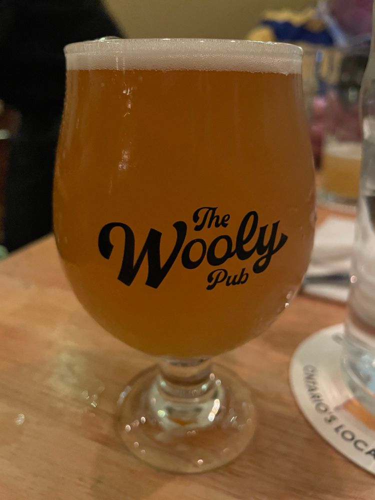A yellow beer that is a white stout in a 10 oz glass - the glass says “The Wooly Pub”