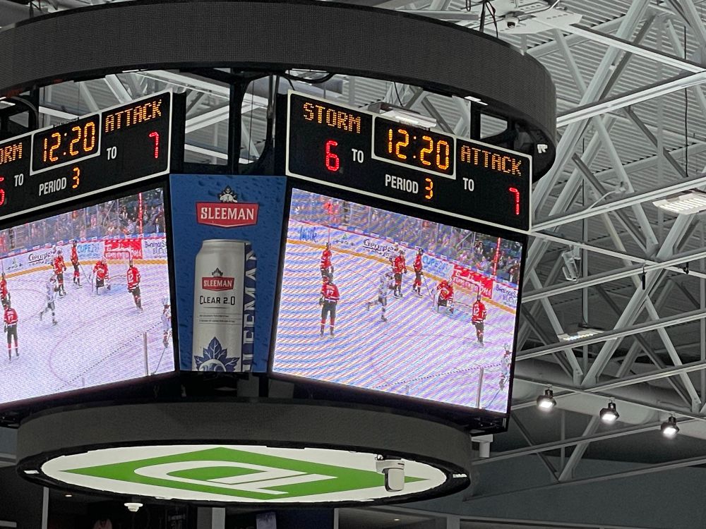 Scoreboard shows it’s 6-7 (Guelph Storm have 6, Owen Sound have 7)