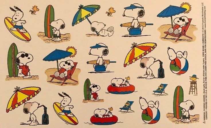 Multiple pictures of Snoopy the cartoon character enjoying summer activities at the beach like surfing, sitting under an umbrella, laying on a beach ball