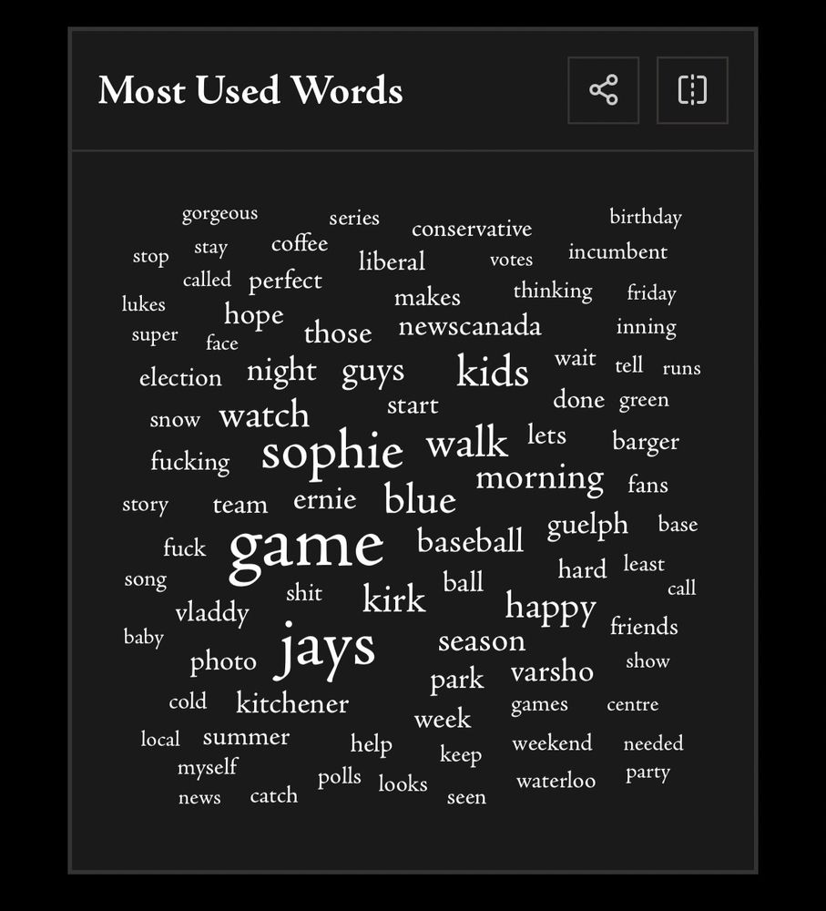The most used words including game, jays, Sophie, walk, kids, blue, happy and Kirk as some of the big ones
