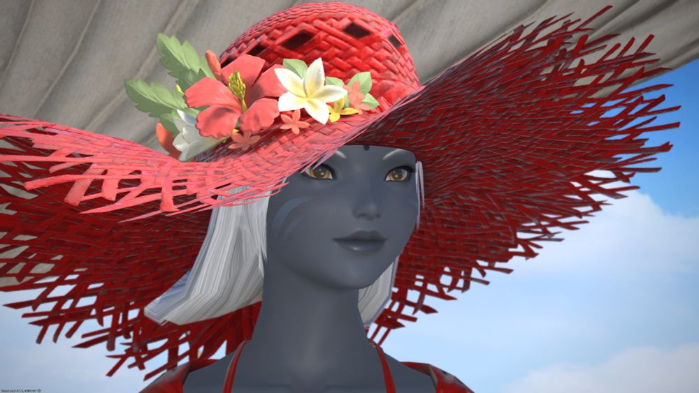 A confident looking female Keeper of the Moon Miqo'te with grey skin, white hair and a red strawhead with flowers. In the background a sail can be seen, also white clouds and blue sky.
