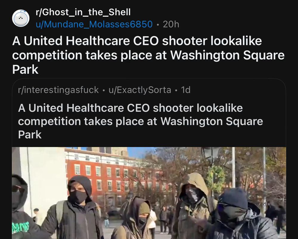 A screenshot from the Reddit app showing a photo post with the title “A United Healthcare CEO shooter lookalike competition takes place at Washington Square Park” having been reposted on r/Ghost_in_the_shell