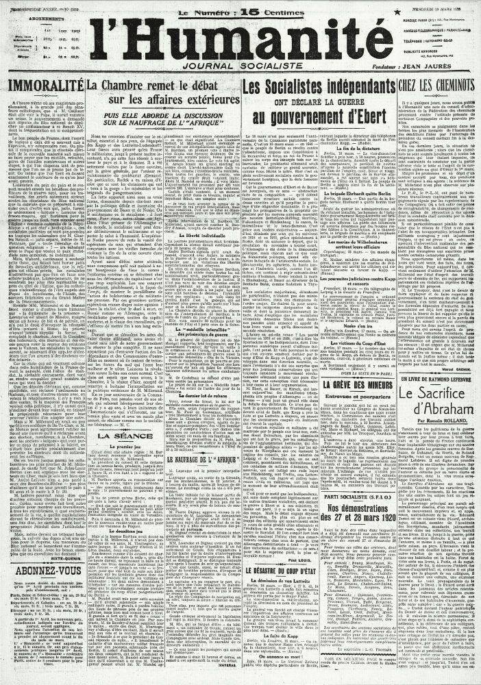 Première page du journal français L’Humanité, 19 mars 1920, où commence la recension qu'offre Romain Rolland du livre de Raymond Lefebvre «Le sacrifice d'Abraham»