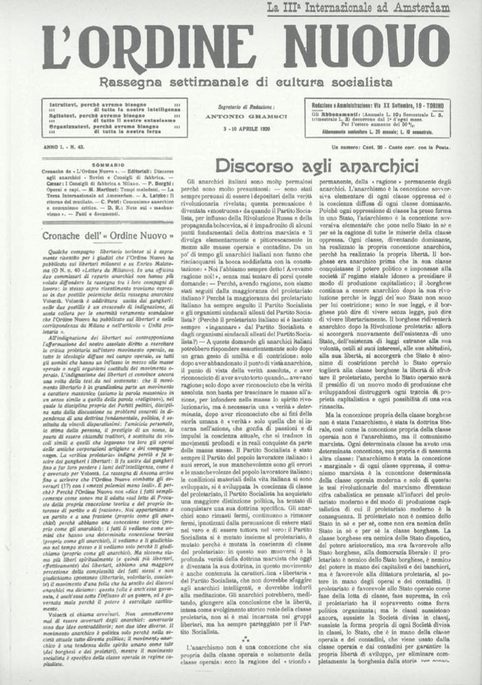 Première page du journal italien L’Ordine Nuovo, du 3-10 avril 1920, où commence l'essai de Antonio Gramsci intitulé «Discorso agli anarchici» où il reprend pour la première fois l'expression de Romain Rolland (qu'il lui attribue explicitement).