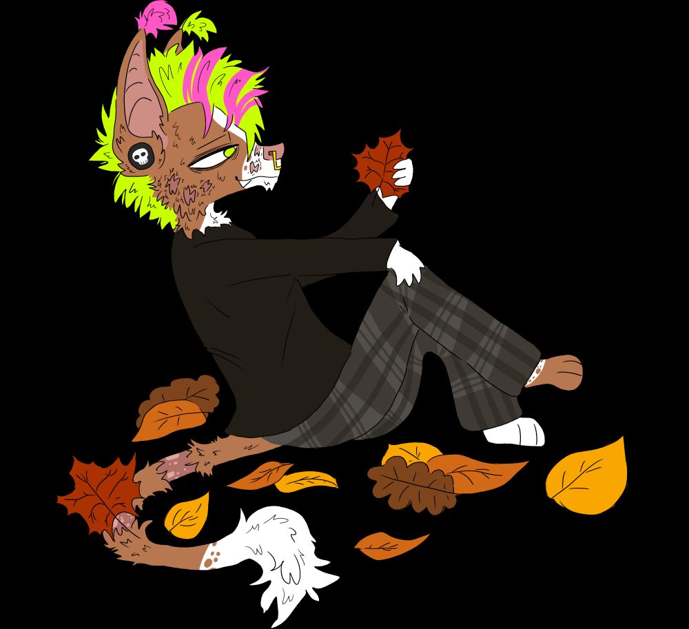 A digital drawing of an anthropomorphic dog, more specifically an ibizan hound. It has light brown and white fur and a neon green and pink striped mohawk and is wearing a plain black sweater and grey pants. It sits on the floor among fall colored leaves and is looking at a red maple leaf in its hand.