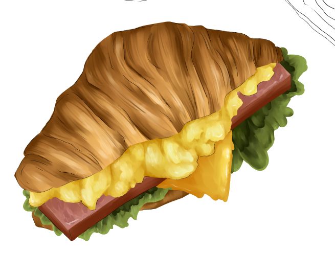 A digital painting of a croissant sandwich with scrambled eggs, ham, cheese and lettuce.