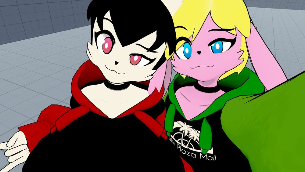 A selfie taken in VR featuring two anthropomorphic bunnies giving the camera an odd look