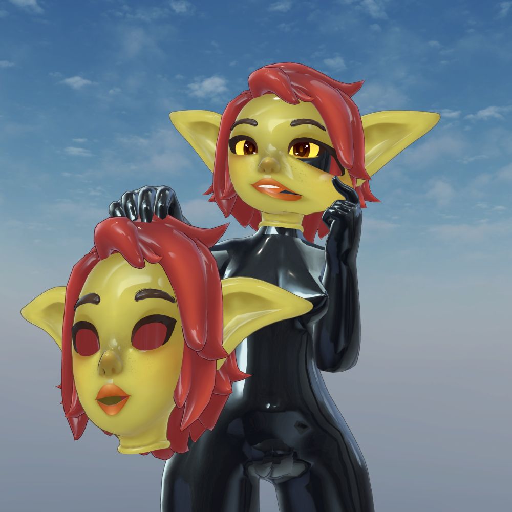 weird masking kink stuff!! not everyone has my tastes, beware :3

my goblin wearing a full coverage latex catsuit and a latex mask of herself, tugging on her own mask's cheek to show the latex underneath, and offering you one just like it

