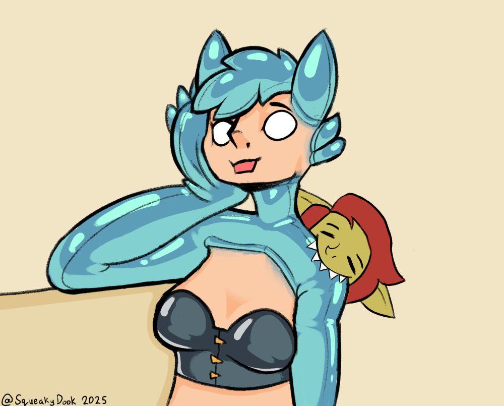 same as the one previously except with my goblin sona buttons chewing on her vinyl parts, and she has a silly gag-anime-esque shocked expression