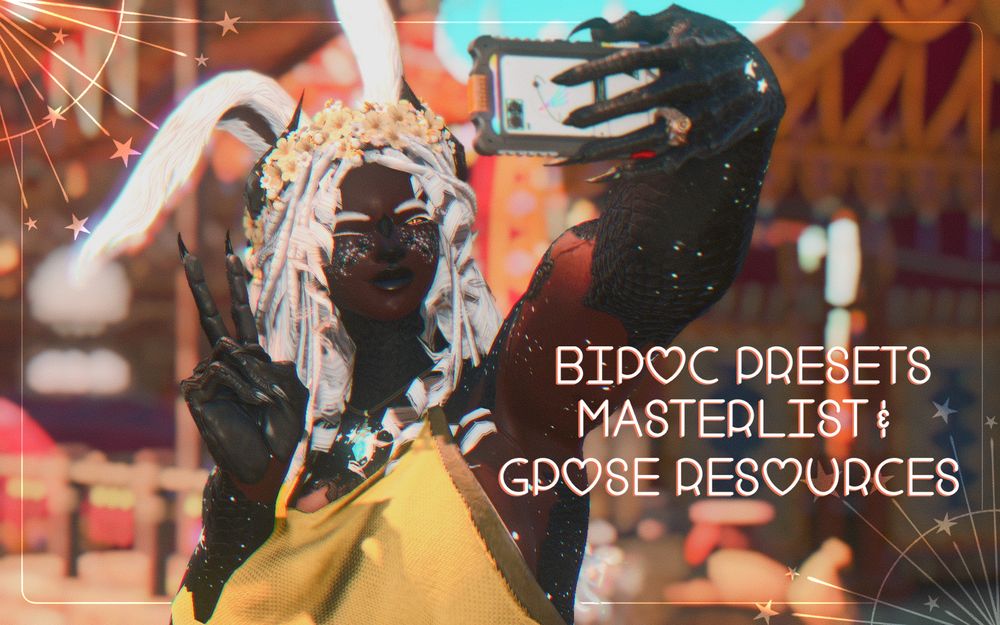 a gpose of my oc, caelum, using the selfie emote. the text reads "BIPOC Presets Masterlist & GPOSE Resources"