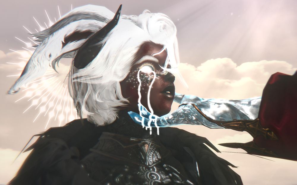 a gpose of my oc and warrior of light, caelum. they are mid transformation into a lightwarden, with glowing white eyes and tears of light streaming down their face. the crystal exarch holds their chin with his crystallized hand, tilting their head up towards him. they are pictured against a backdrop of everlasting light.