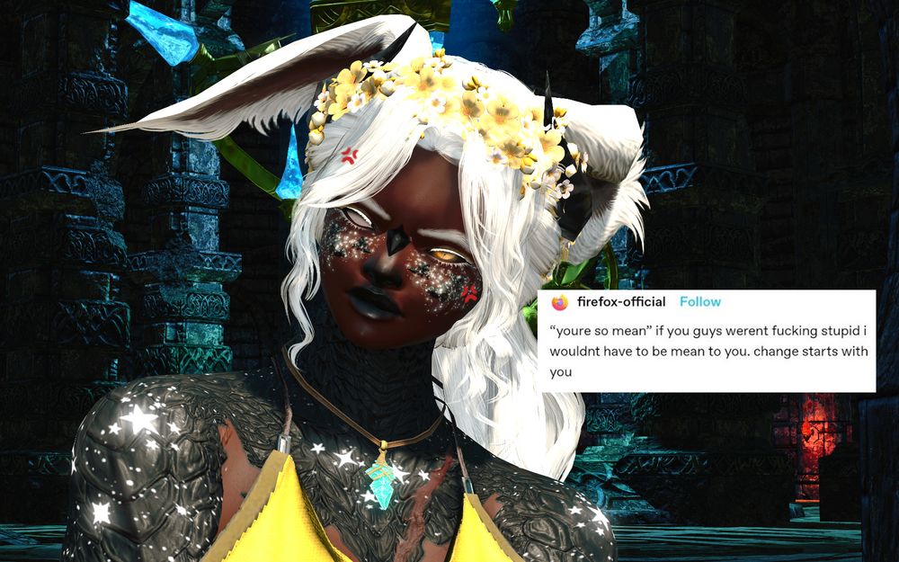 an image of my oc, caelum, glaring off to the side, with a tumblr post that reads: "you're so mean" if you guys weren't fucking stupid i wouldn't have to be mean to you. change starts with you