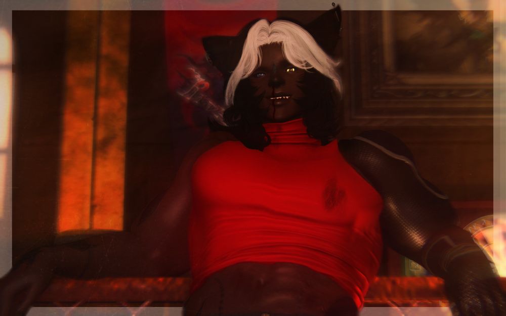 a gpose of my oc, blair. he is leaning against the edge of a ring, blood dripping from his nose and smeared on his shirt and exposed abdomen. he grins at the camera, like a hunter grins at his prey.