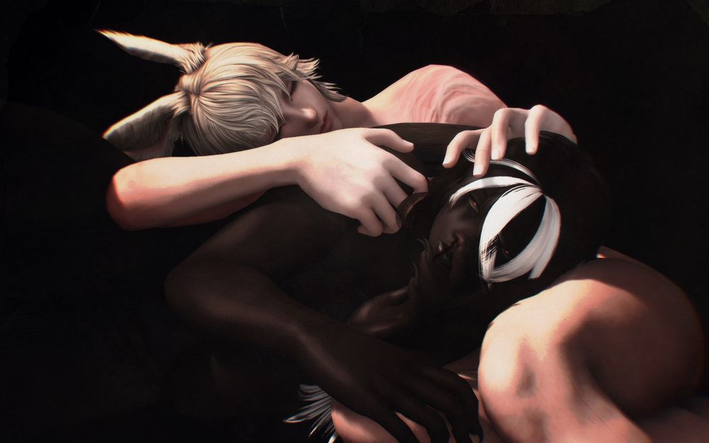 a gpose of my oc, miaka, and worm's oc, basileus. miaka lays with his head in basileus' lap, who is lounging over him with closed eyes. miaka stares directly at the viewer, blood dripping from his nose, his appearance resembling that of a corpse.