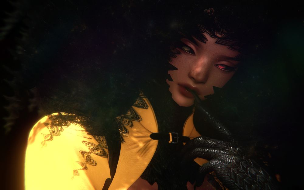 a gpose of my oc, eri, looking at the viewer with a solemn expression.