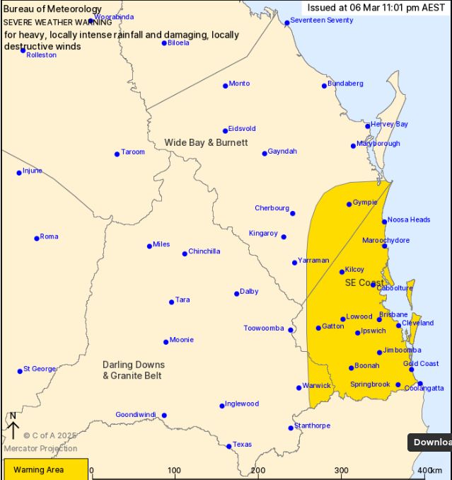 Map shows coverage of warning. Please go to BOM website.
