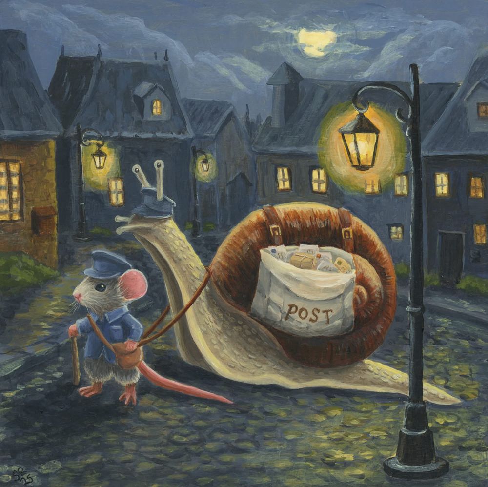 A painting of a mouse leading a snail larger that itself; the mouse has a little uniform on, and. The snail has a bag full of mail and packages strapped over its shell. 