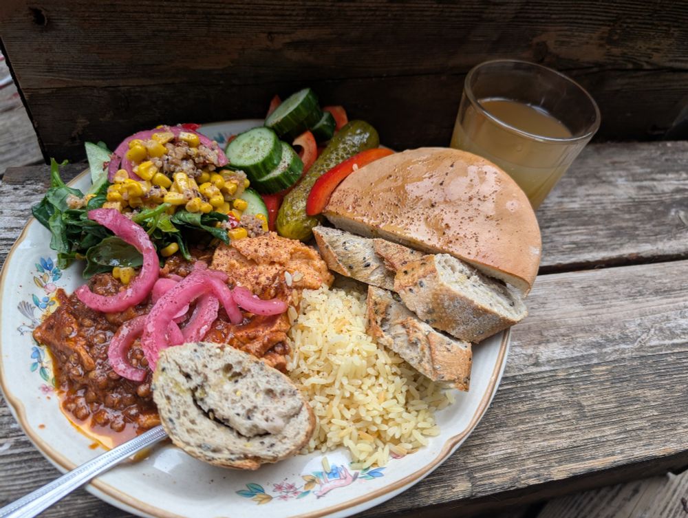 Picture of a plate laden with food, taken outside.  There are fresh cucumbers and red pepper, a pickle, some pita bread baked with olive oil, a few slices of a baguette, Greek rice another baguette slice, a lentil and chicken tagine with sumac and berbere topped with pickled red onions, and an arugula salad topped with quinoa and corn.  
