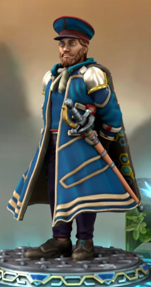 Petty Officer Jarne, retired, of the Imperial Navy.  A blue clad officer, saber at his side, in a flowing overcoat.  He wears a naval hat, and has a pensive look on his face.  His arms are folded behind his back.  

He's a traveller character, a gunnery noncom with over 25 years in the service.   