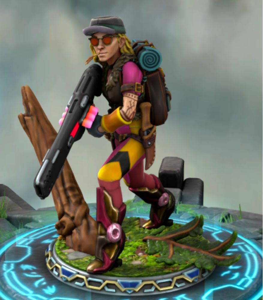 A woman in super high robotic heels, wearing a pink and yellow spandex suit.  Over this are leathers, a backpack, a hat, and a buckskin knife.  

She's carrying a super high tech laser rifle.  

She's chewing on a piece of wheat.  