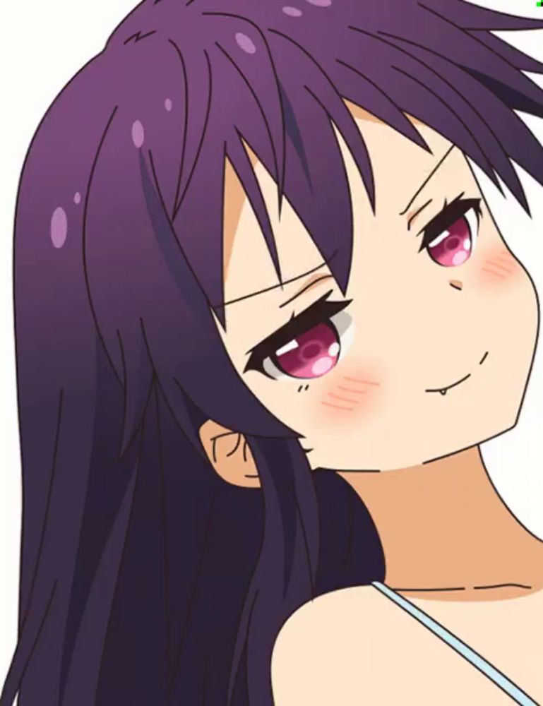 a girl with purple hair and red eyes looks angry