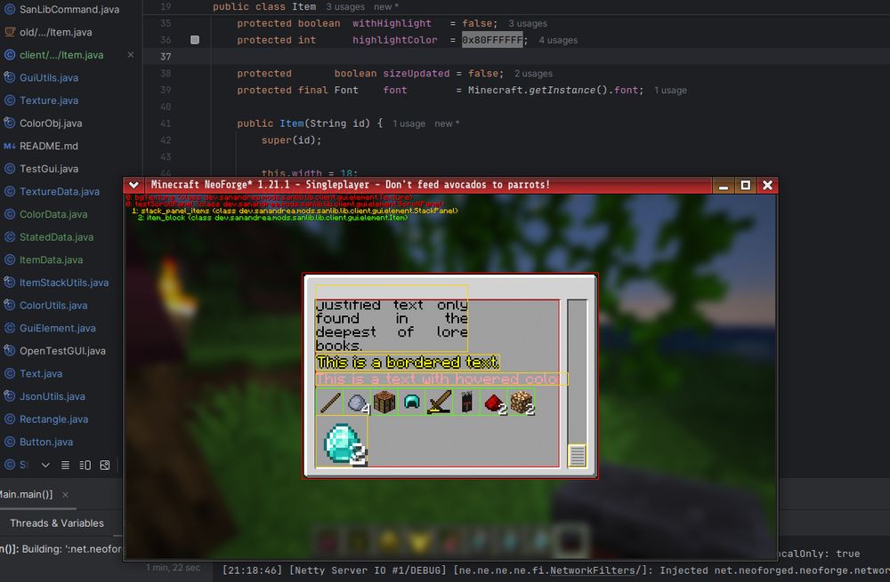 Screenshot of an open Minecraft window showing a development GUI on version 1.21.1. In the background you can see a snippet of the IDE showing some code for SanLib