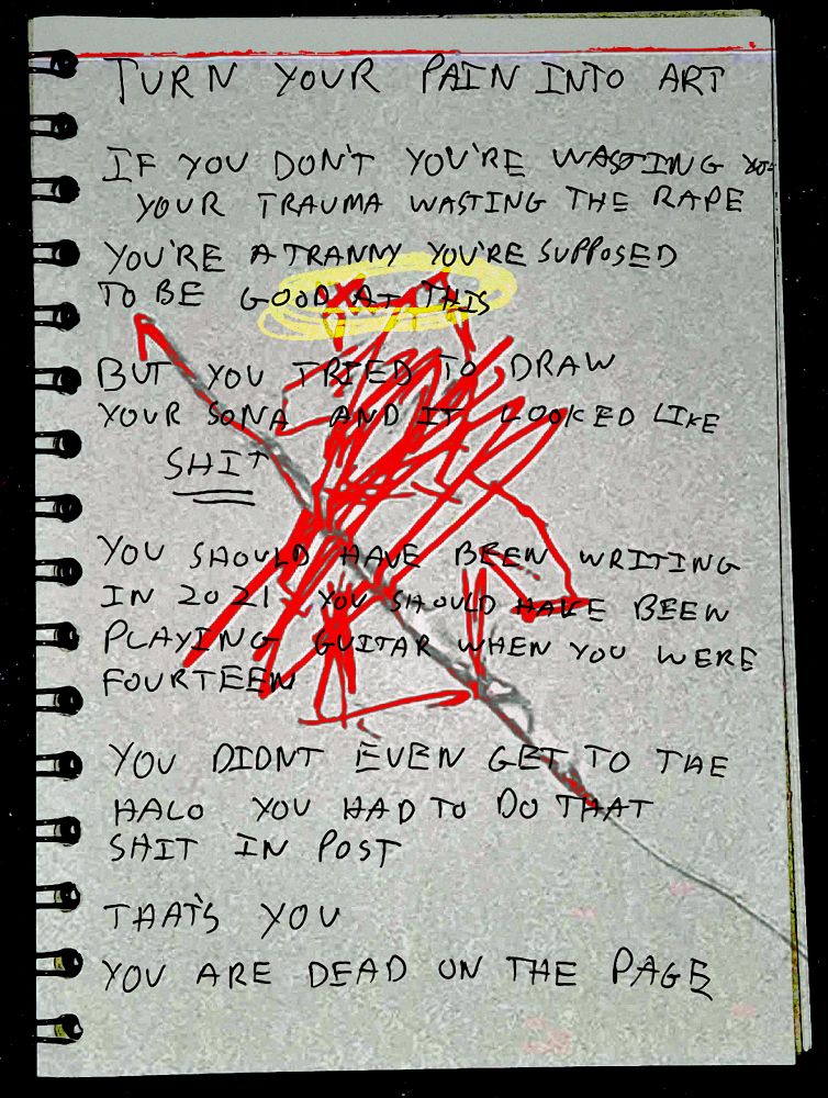 a grainy photograph of a notebook.
there is a red, incomplete, crudely drawn anthropomorphic character with a yellow halo over its head. the paper is torn where a pen has been slashed through it in frustration.
overlaid text reads in all caps:
turn your pain into art.
if you don't, you're wasting the trauma, wasting the rape.
you're a [tslur] you're supposed to be good at this.
but you tried to draw your sona and it looked like shit.
you should have been writing in 2021, you should have been playing guitar when you were fourteen.
you didn't even get to the halo, you had to do that shit in post.
that's you.
you are dead on the page.