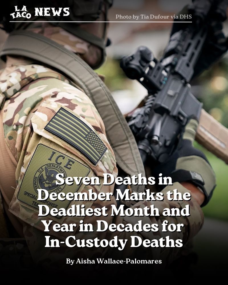 A side view of an ICE agent in uniform carrying a gun.

Headline at the bottom reads “Seven deaths in December marks the deadliest month and year in decades for in-custody deaths”