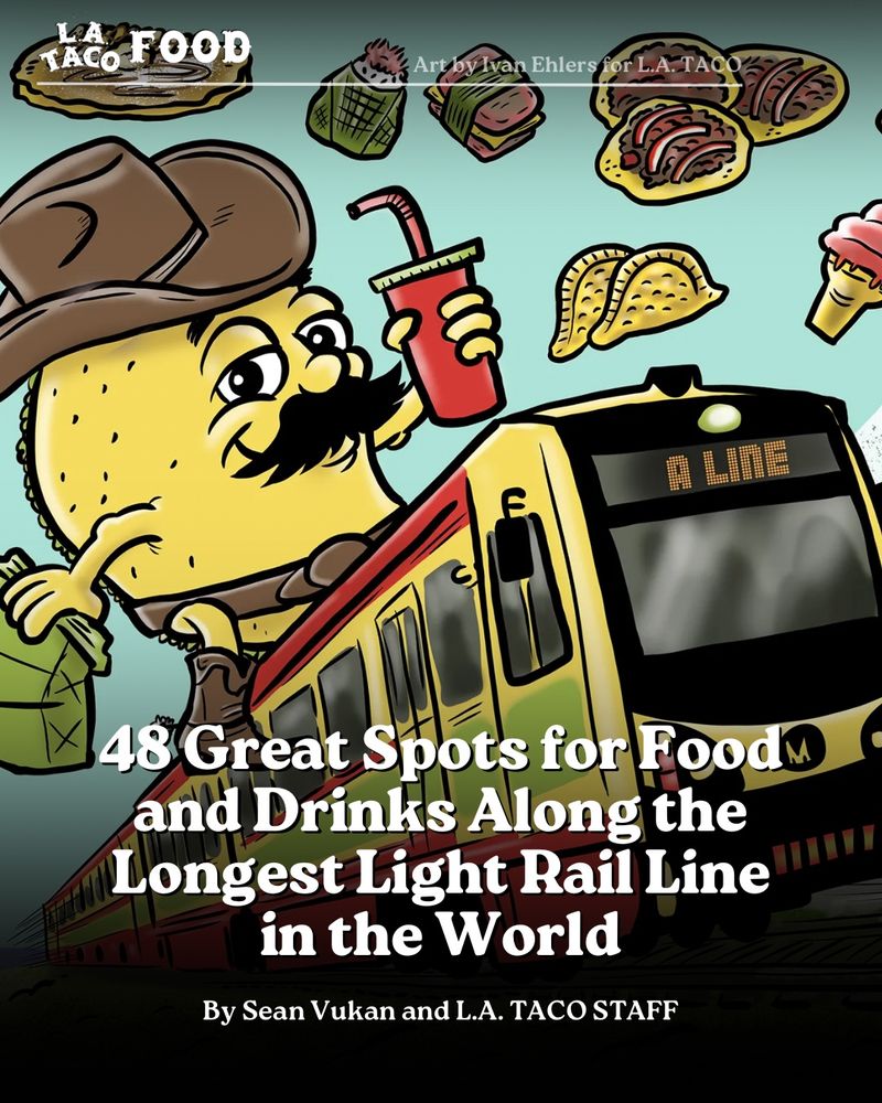 A cartoon of an animated taco with a mustache, boots, and cowboy hat sat on top of metro train car. Various foods float around it.

Headline at the bottom of the image reads “48 Great Spots for Food and Drinks Along the Longest Light Rail Line in the World”