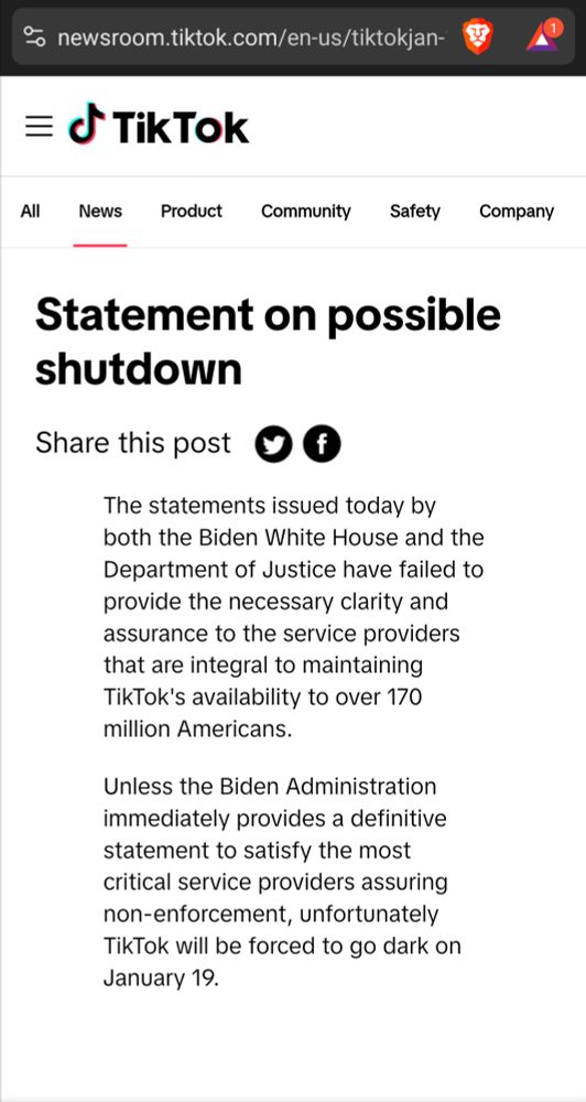 Screenshot of the entire linked press release from TikTok. Under the heading "Statement on possible shutdown", it reads:
The statements issued today by both the Biden White House and the Department of Justice have failed to provide the necessary clarity and assurance to the service providers that are integral to maintaining TikTok's availability to over 170 million Americans.  

Unless the Biden Administration immediately provides a definitive statement to satisfy the most critical service providers assuring non-enforcement, unfortunately TikTok will be forced to go dark on January 19.


