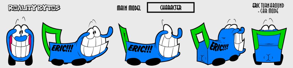 Model sheet for Eric, a lawnmower, in ‘car mode’ on all four wheels.