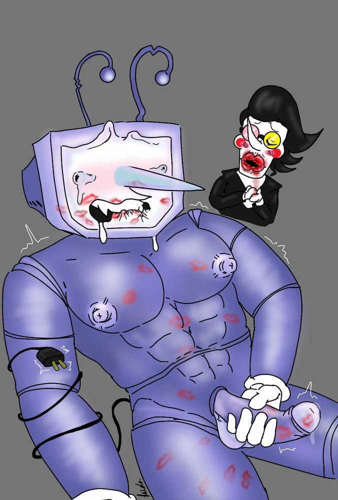 Bonus:
In this drawing Tenna is giving himself pleasure while he is still covered in red lipstick kiss stains 💋, the tip of his cock is starting to drip with precum as he is being kissed by his beloved husband [Spamton], he is enjoying the attention as he keeps jerking off, while Spamton is looking at him and giving him kisses 🤭😋🤤❤️❤️💖💖📺📺🖥️📞☎️.

At first, I was going to put my oc as it is in the original drawing but I was lazy to add it, so I opted to put Spamton, I couldn't pass up the opportunity to put them together, although I found it funny to draw Spamton with big lips and running red lipstick, hahaha, I must admit that I watched the video where Spamton puts on red lipstick and starts kissing 49 Spamton cardboard cutouts, It was funny and it was the main idea why I added Spamton to the drawing hehehe, Sorry if I went on too long with the explanation, but it's better to provide some context as to why the ideas are there and what the background is. 

I hope you like this drawing hehe, I will upload more drawings in a few days, but for now I'm going to rest because I have the flu and I feel a little weak and tired, for now, enjoy the drawing, bye 🤭😋❤️💖📺📺🖥️📞☎️