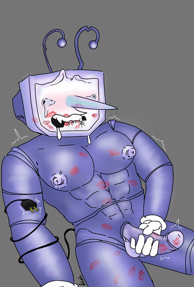 In this drawing Tenna is pleasuring himself while he is covered in red lipstick kiss stains 💋, some of the kisses are smeared by the moisture of Tenna's metallic skin 🤤😋🤭❤️❤️💖💖