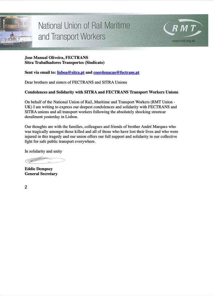Letter from the National Union of Rail Maritime and Transport Workers expressing condolences and solidarity after a Lisbon streetcar derailment.
