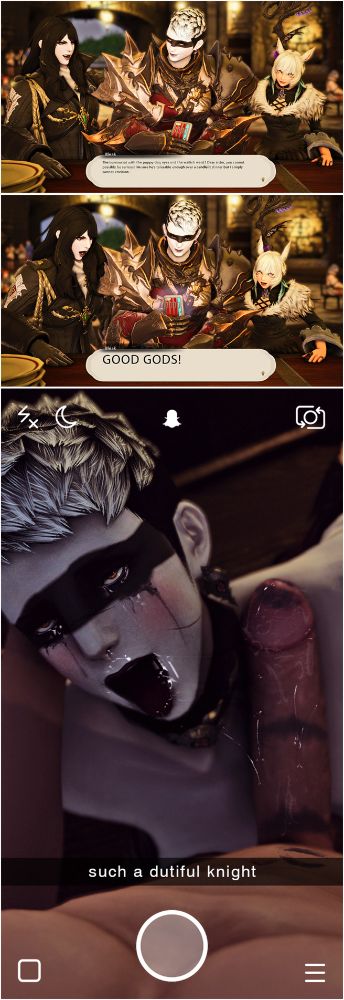 Howling Willow, her half-sister Bleak Hurricane, and Y'shtola are hanging out in Limsa Lominsa. Bleak finds it hard to believe Howling's boyfriend Aymeric is well-endowed. Howling has the evidence to prove the claim.