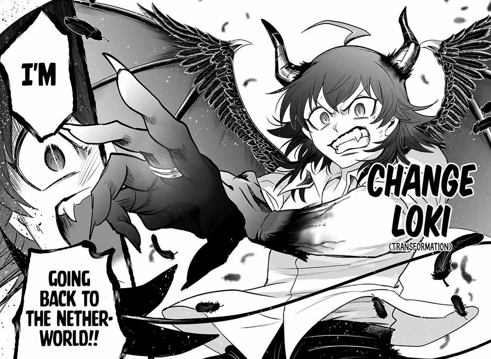 Iruma transformé en démon avec ailes noirs, cornes et tout le tintouin dans le dernier chapitre du manga