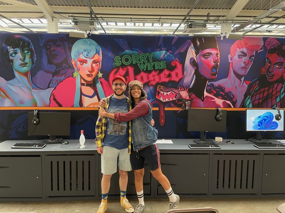 Tom and C.B. showing their game Sorry We're Closed at WASD in London.