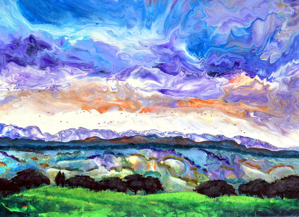 Geese Over Sunset Rolling Hills original pour painting by Laura Milnor Iverson.