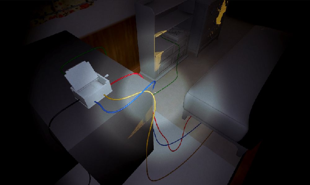 A puzzle showing a music box and five coloured wires leading off in all directions 