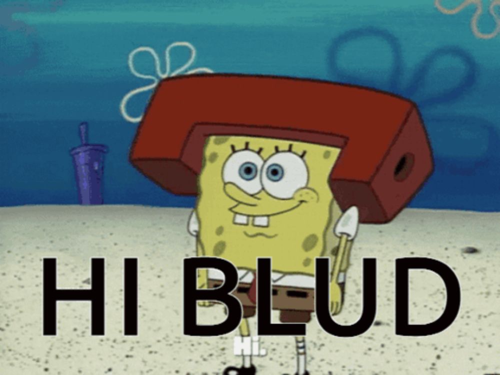 a cartoon of spongebob wearing a red box on his head with the words hi blud written below him