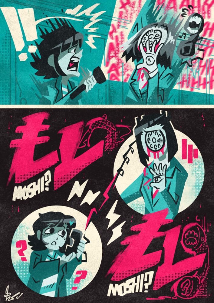 Artfight piece depicting Sammy Booker, a horror-themed character of @SerenumSolaris with my character "Missed Call" who too is a body-horror themed character. Both characters are depicted in a retrograde vintage poster style, reminiscent of 70's aestheticism, with a pop art finish and grunge contrast.