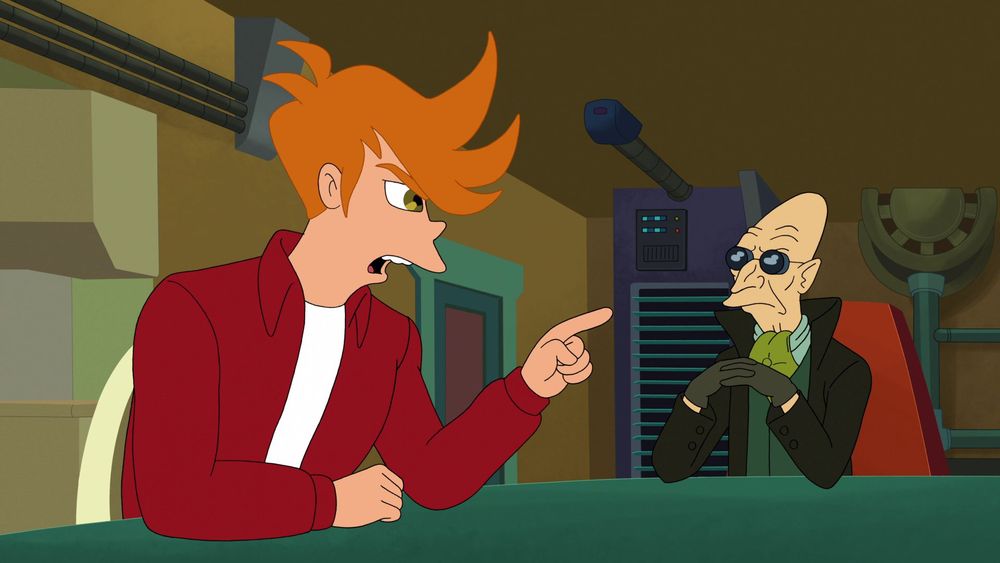 A screencap from Futurama episode "Meanwhile", in which Anime Fry tells Anime Farnsworth that he and him are enemies now.
