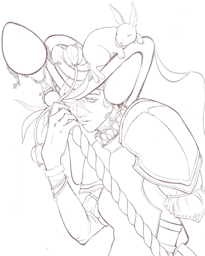 Easter inspired knight with armor and an egg staff. They wear a henin with a bunny sleeping on top. Their pose is guared, and they hold the staff close 