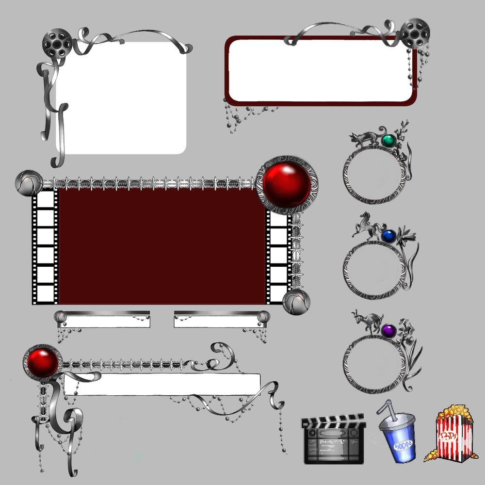 Borders and boxes with a movie theme, with a red and grey color pallete 
