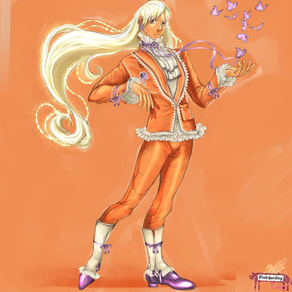 Man stands with one hand by his side, the other reaching out palm up. Purple butterflies fly from his palm. His golden hair flows out behind him. He is dressed in all orange against an orange background, with small purple accents and accessories 