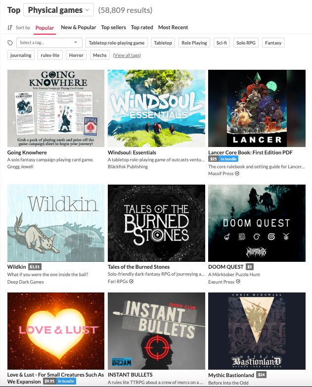 Screenshot from itch.io, with Windsoul: Essentials by Bläckfisk Publishing as the second most popular physical game.