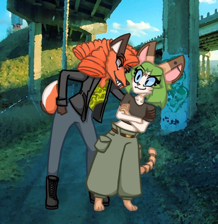 Pepper, an orange fox with curly hair is leaning into Persimmon the Cat.
She wears a leather jacket with blue jeans and steel-toed platform shoes. Her shirt is lime green with an elaborate pattern.

Persimmon is crossing her arms as she turns to face Pepper. 

The two are smirking underneath a bridge with graffiti on one of the support beams