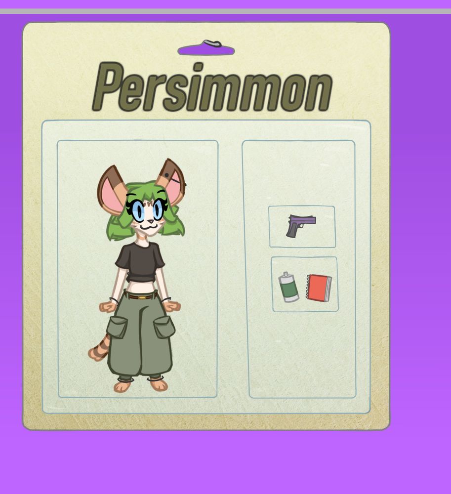 Persimmon The Cat as a figure in a cardboard and plastic container hung on a display shelf

Her accessories are a purple P1911, a can of spray paint and a sketchbook/notepad