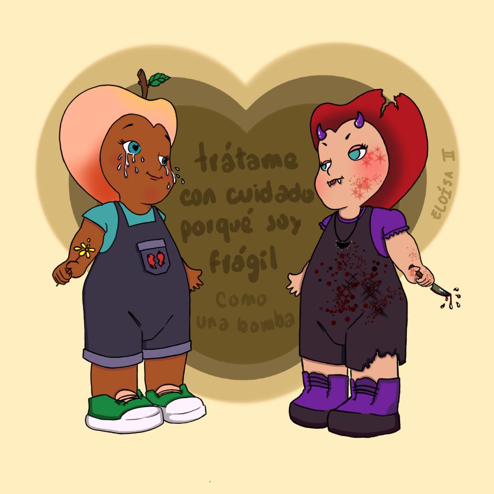 Dibujo basado en personaje sonny angel, dos en pantalla. A la izquierda uno con gorrito de durazno y en overol está llorando xon una flor en su mano y a la derecha uno con un gorrito de corazón roto con su overol con manchas de sangre y con un cuchillo chorreando sangre en su mano. Al fondo un texto que dice "trátame con cuidado porque soy frágil como una bomba"
