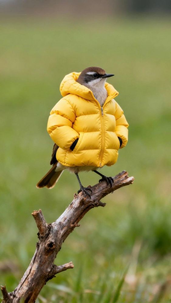 Bild eines Vogels mit Käppi und gelber Daunenjacke auf einem Ast.